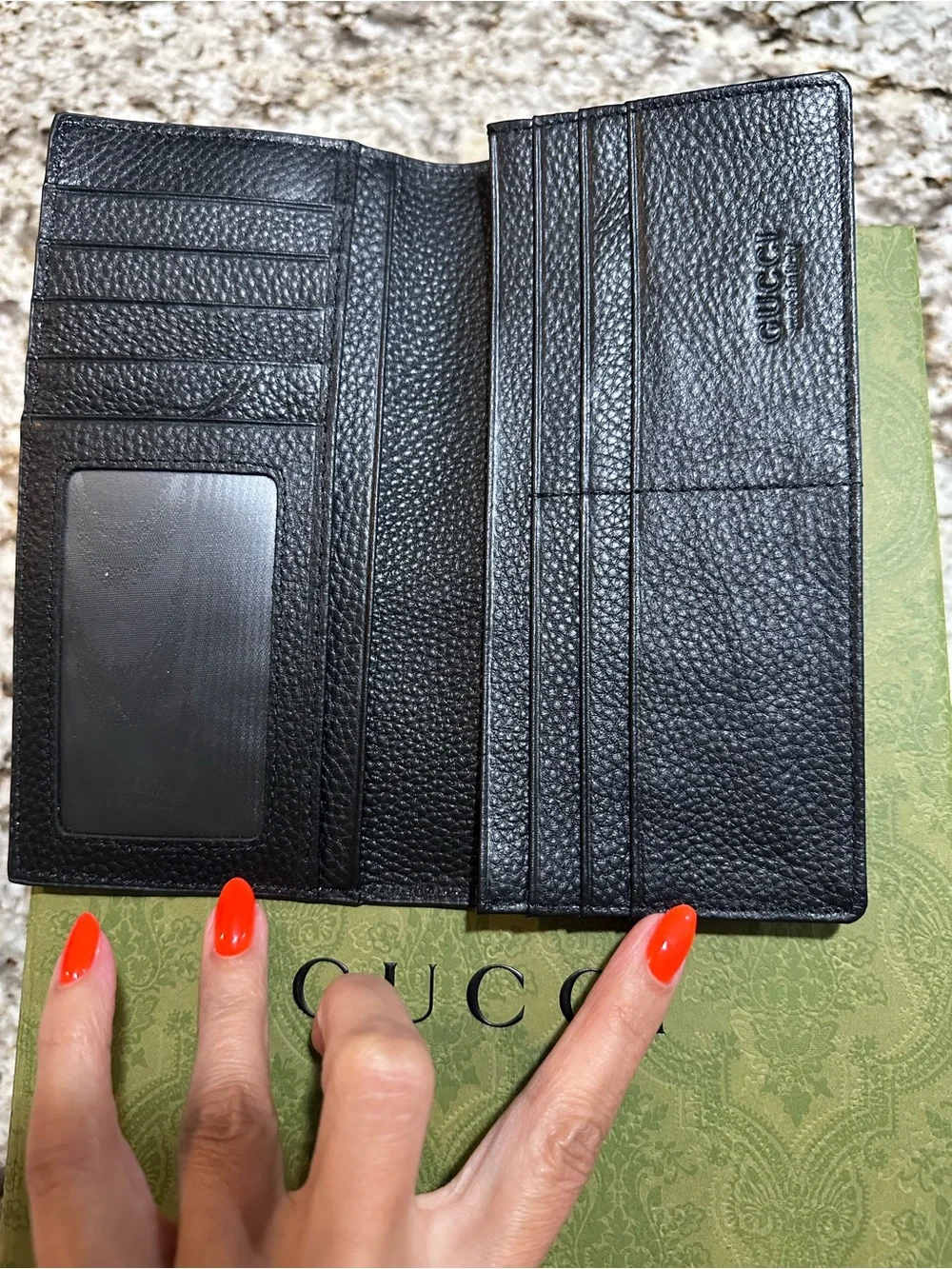 Gucci Beige GG Supreme Canvas Continental Card Wallet with Black Leather Band